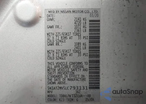 2020 Nissan Rogue S Intelligent Awd from USA, damaged, VIN 5N1AT2MV5LC793131